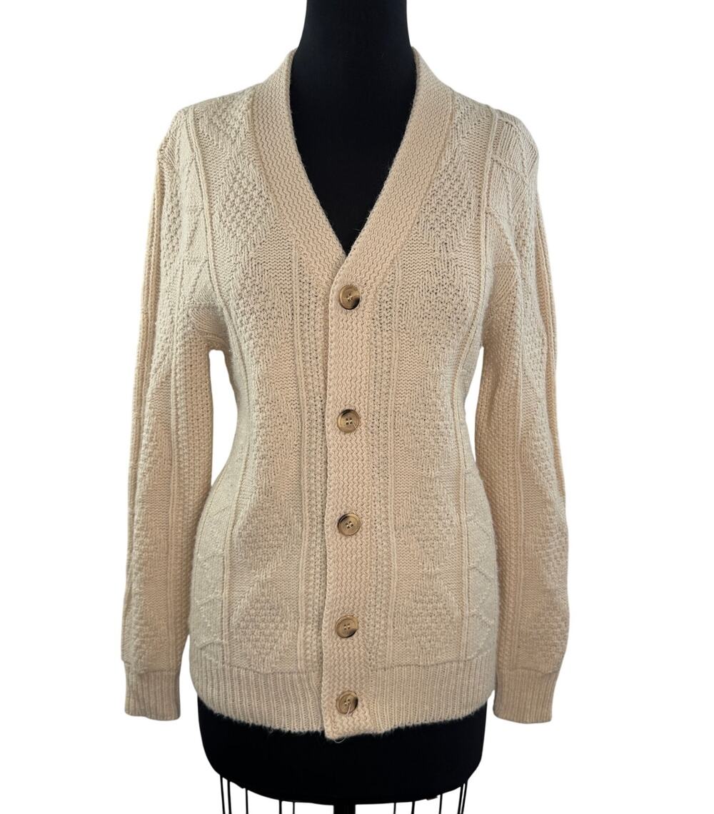 VINTAGE Lahmar Beige Cardigan Sweater Wool Cable Knit Front-Button L Large VTG